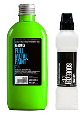 Graff-City Grog Full Metal Paint & Squeezer 10 EPT - 10mm Mop Marker & Gloss Permanent Paint Refill 200ml (Neon Green)