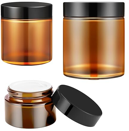 Amber Glass Jar with Lids, Tecohouse 4 oz, 2 oz and 1 oz Glass Jars with Lids & Stickers, Reusable Travel Containers for Creams, Lotion, Cosmetic - 3 pack