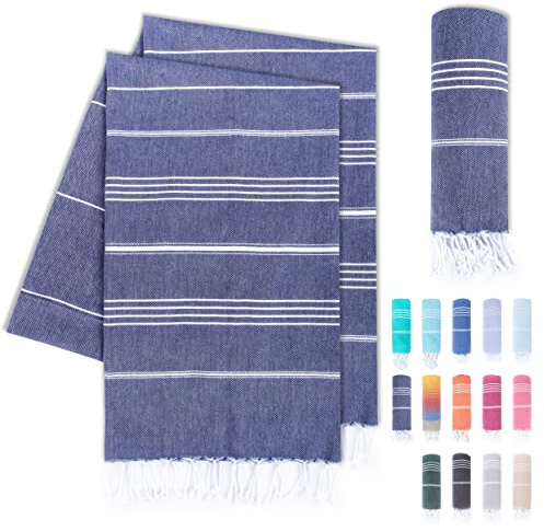 LAYNENBURG Set om 2 hamam-handdukar med handknutna fransar, 100 % bomull, XXL-strandhandduk 100 x 200 cm, OEKO-TEX 100, stor strandhandduk, bastuhandduk och resehandduk (marinblå)