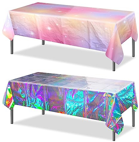 2St Tischdecke Regenbogen Pastell und Eine Glänzende Tischdecke, 137x274cm Abwaschbar Kunststoff Rechteckig Schillernde Tischdecke Holografische Folien Tischdecke für Party Dekoration