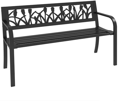 Outsunny Panchina da Esterno in Acciaio, Panchina da Giardino 2 Posti con Schienale Decorato e Braccioli, 125x50x75cm, Nero