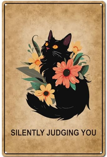 CREATCABIN Targa in Metallo con Fiori, Targa in Metallo da Giardino, Poster in Metallo, Design Gatto Nero, Targhe Vintage, Galleria da Parete, Targa in Metallo retrò, Stampa Artistica Decor 30x20cm