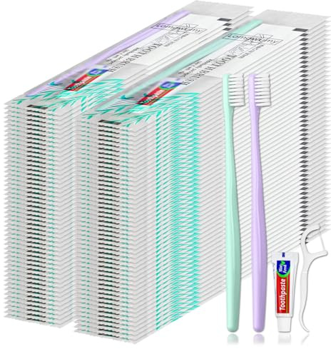 Engångs-tandborst-tandkräm, tandborste och tandkräm för resor, tandborst-tandkrämsset, levereras med tandtrådsplektrum, individuellt förpackad, 2 färger, lämplig för hotell, hem, resor, 100 stycken