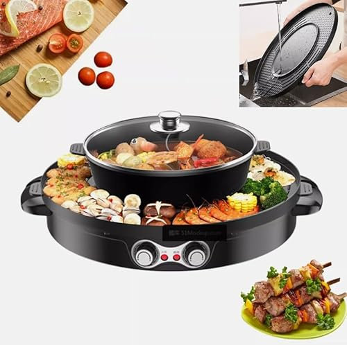 2 in 1 Elektrischer Hot Pot Grill 2000W Elektrogrill Hotpot topf mit Unabhängige Temperaturkontrolle und Stepless Einstellknopf