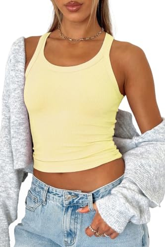 FOFAINWE Camiseta de tirantes con costillas cropped - Cuello redondo de entrenamiento de verano Tops con tirantes sin mangas Camisas básicas Racerback, amarillo, M Corto