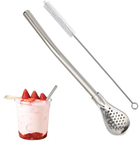 Straw Di Metallo - Cucchiaio Da Filtro, Bastone Agitato Da Caffè | Filtro A Cucchiaio Con Spazzola Per Pulizia, Cannucce Di Bere In Metallo, Cucchiaio Di Paglia A Manico Lungo, Cucchiaio Di Paglia Da