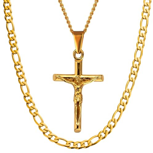 DVRK® Set 2 Collane Uomo Oro 18k con Base in Acciaio Inossidabile 316L - Collana Uomo Oro e Collana Crocifisso Resistente all'Acqua - Catena, Gioelli, Placatto, Regalo