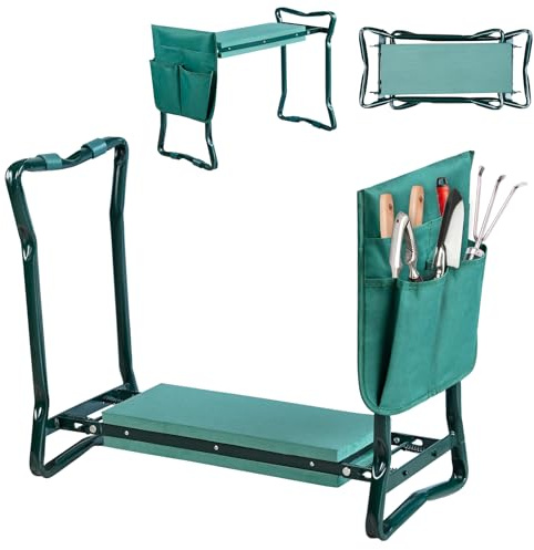 FIVMEN Taburete de jardín plegable para jardinería, cojín para rodillas, banco de jardín, banco 2 en 1, con cojín de espuma EVA y bolsa de herramientas, silla de rodilla, taburete de trabajo para
