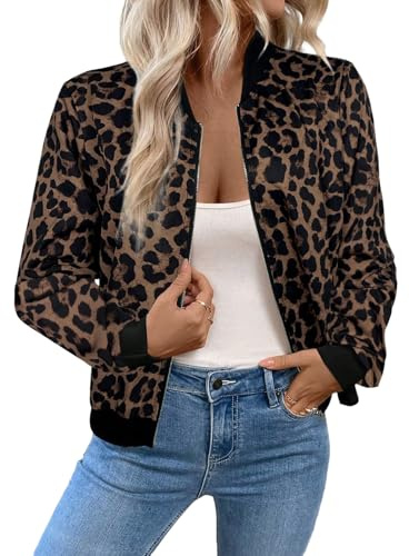GORGLITTER Veste d'automne élégante pour femme avec motif léopard - Veste bomber légère - Col de baseball - Veste de transition - Veste de loisirs, marron chocolat, XL