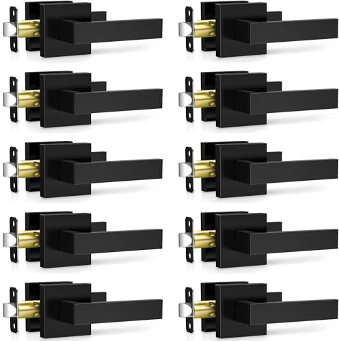 Plustool 10 Pack Matte Black Door Handles Interior, Passage Door Knobs Closet Door Levers for Hallway, Heavy Duty Square Doorknob Non-Locking Handlesets for Left & Right Sided Doors