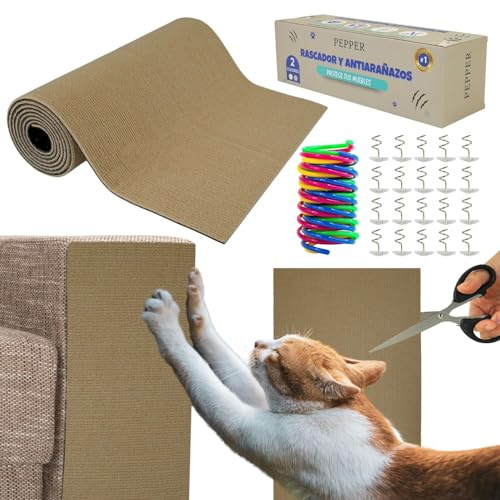 PEPPER® Alfombra Rascador para Gatos + Pines de Fijación + Juguete + Tijeras | Protector Sofa Gatos Arañazo | Ideal para Evitar Arañazos en Sofás y Muebles | Tapete Autoadhesivo 40x200cm