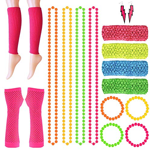 FEPITO 18 Pcs Neon Perlen Halsketten Armbänder Blitz Ohrringe Netzhandschuhe Neon Beinstulpen Dehnbare Stirnbänder Für 80er Jahre Kostüm, 80er Jahre Party Kostümzubehör