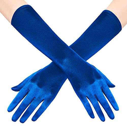 BABEYOND Long Opera Party 20s Satin Gloves Stretchy Adult Size Elbow Length 15 Inches, Blue, One Size