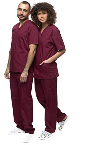 Unisex Medicinskt Uniformsset med Kasäck och Byxor, Medicinskt Skrubset, Vård Yrkeskläder, Bordeaux, M