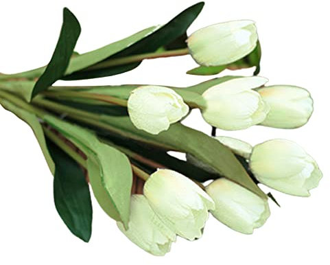 Brussels08 1 pièce / 9 têtes de tulipes artificielles au toucher réel pour bouquet de mariage, centre de table, composition florale blanche