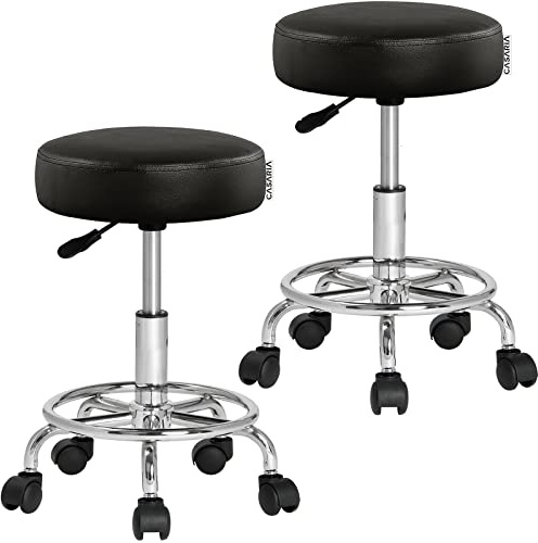 CASARIA® 2X Taburete Oficina con Ruedas Giratorio 360° Redondo Ø 35cm Ergonómico Silla Escritorio Trabajo Altura Regulable 51-65cm Acolchado 10cm Negro