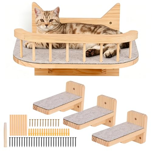 Hamaca de Pared para Gato con 3 Escalones, Estantes para Escalar Gatos Estanterías de Escalada, Madera Escalera para Gatos Estanteria de Interior en Pared para Jugar, Dormir, Saltar y Descansar