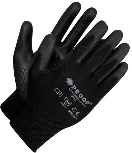 PROOF COMFORT & SAFETY Gants De Travail 10 Paires En PU Polyuréthane Gants De Protection Multiusage Précis Pour Mécaniciens Et Ouvriers Du Bâtiment Construction Taille 10 Noir