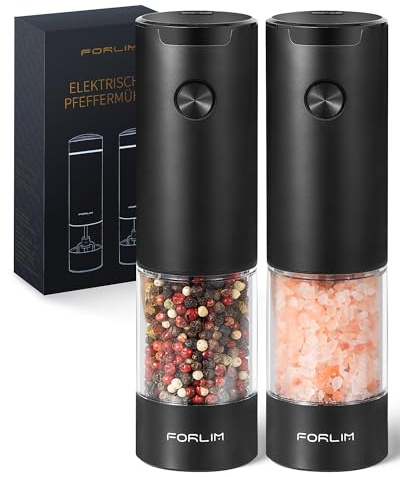 FORLIM Set di macinapepe elettrico e macinasale, macinapepe elettrico con LED, funzionamento a batteria, 95 ml, silo pulibile (nero)