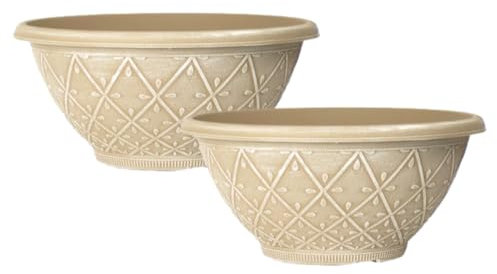 Fyne-Finds Set of 2 Plastic Prisma Bowl Planter 30cm,12inch Powdered Ginger 6L Plant Pot with Drainage Holes Home Garden Decor