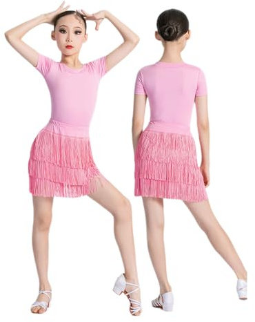 2 PZ Ragazze Frangia Gonna da Ballo con Body Bambini Abiti da Ballo Vestito per Latino Salsa Samba Rumba Tango Nappa Dancewear Competizione Prestazioni Pratica Costume 5 Colori,Rosa,120cm