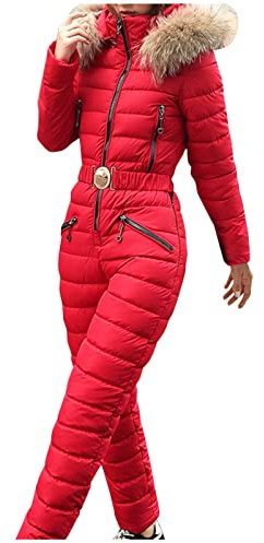 BOTCAM Ski Suit Women's Lightweight Quilted Jacket, Snowsuit Ski Overall Skiing Ski Suits Jumpsuit Women Snowboard Ski Suit with Hood Ski Suit Outdoor Sports Winter Warm Snow Sets Playsuit, red, M