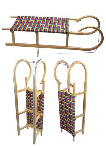 Hörnerrodel 120 cm mit Gurtsitz bunt - Holzschlitten aus massivem Buchenholz - Hörnerschlitten Rodelschlitten für 2 Personen, Zugseil & Stahlkufen