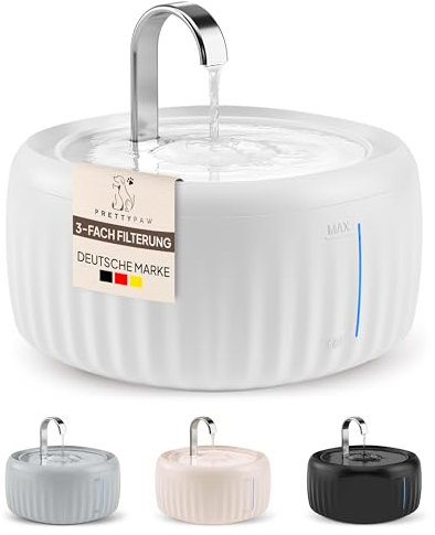 PrettyPaw Katzenbrunnen Aqua Flow Pro [NEUEINFÜHRUNG] Super leiser, BPA-freier 3L Trinkbrunnen für Katze mit LED und Aktivkohlefilter I Leicht zu reinigender Katzen Trinkbrunnen I Aqua Flow (Weiß)
