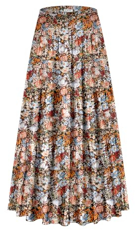 LiCot Women's Maxi Skirt with Pockets High Waisted Casual A-Line Pleated Long Skirts (Coffee Floral, M)