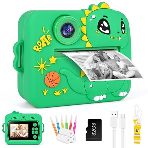 GuKKK Appareil Photo Instantané, 2.4 Écran Appareil Photo Enfant avec Papier d'impression et Carte 32GB Stylos Colorés, Mode Selfie et Video, Anniversaire Cadeau Jouet pour Enfant 3-14 Ans (Vert)