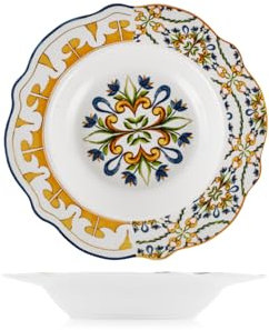 H&H-Set di 6 Piatti Fondi - Faenza - in New Bone China Decorato - Piatti Eleganti da 21 cm, Lavabili in Lavastoviglie e Microonde - Perfetti per Zuppe e Primi Piatti