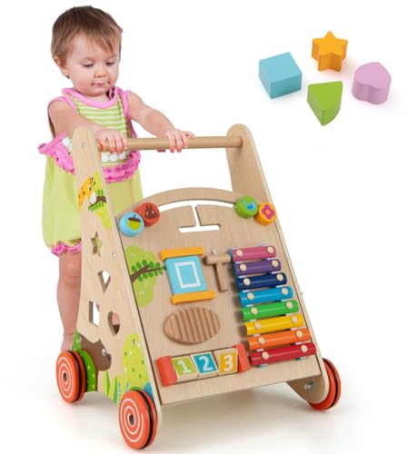 COSTWAY Chariot de Marche en Bois avec 4 Blocs & Xylophone & Labyrinthe, Trotteur Bébé Montessori avec Compartiment Arrière & 4 Roues & Poignée, Marcheur D'Apprentissage Bébé pour 3 Ans+