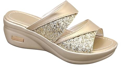 Sandales compensées pour femme - Sandales orthopédiques confortables et décontractées à talon haut à bout ouvert - Sandales antidérapantes pour mariage, marche, or, 35 EU