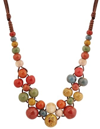 Hanary Hippie Boho Colorful Ceramic Round Beads Strand Necklace, Bohemian Fashion Statement Jewelry Gift for Women