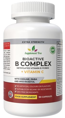 Bioactive B Complex with Vitamin C – Methylated B12, Folate (5-MTHF), B6 P5P, PABA, Choline, Inositol – High Strength, 90 Vegan Capsules – Non-GMO