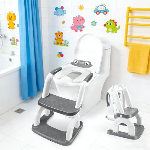 Strixorn Siège de toilette pour enfant avec escalier 2 en 1 avec marchepied réglable en hauteur antidérapant Blanc