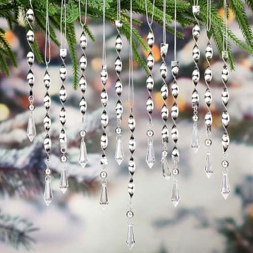 Halloscume 50 Pcs Victorian Christmas Tree Ornaments Tinsels Icicle Hanging Pierced 7.56In Vintage Shiny Icicle Ornaments for Christmas Xmas Tree Winter New Year Party Supplies(Sliver,Crystal Pendant)