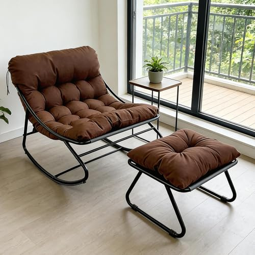 Poltrona a Dondolo da Esterno, Sedia a Dondolo da Esterno con Pouf, Poltrona da Lettura a Salotto con Cuscino Imbottito, Portata 150kg, Rocking Chair per Salotto Terrazza Camera Studio (marrone)