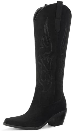 Pasuot Western Cowboy Boots for Women - Knee High Wide Calf Cowgirl Boots, Slip On Pointed Toe Chunky Heel Fashion Retro Classic Pull On Tall Boot for ladies Party concert Black Suede US 9