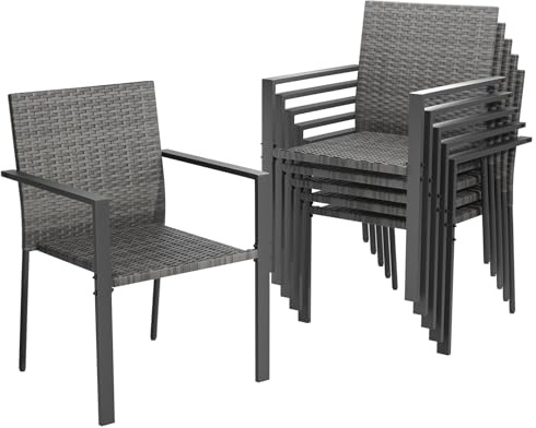 Amopatio Trädgårdsstolar, stapelbara set om 6, polyrattan stapelstol, trädgård med armstöd, stabil stålram, väderbeständig rottingfåtölj – rotting, balkongstol för balkong, terrass, grå