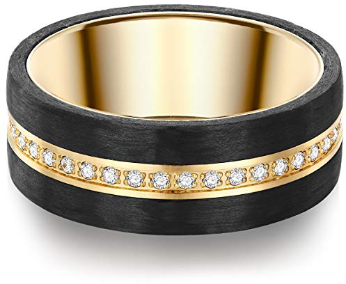 Trilani Damen-Ring Edelstahl gelbvergoldet Zirkonia weiß Brillantschliff - Edelstahlring vergoldet Carbon Verlobunsgring Ehering Partnerring