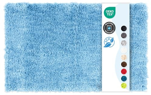 Floordirekt Badematte Sky - Badezimmerteppich - Weicher, dichter Hochflor - Rutschhemmend & Schnell trocknend - Geeignet für Fußbodenheizung - Eckig & Rund (80 x 150 cm, Hellblau)