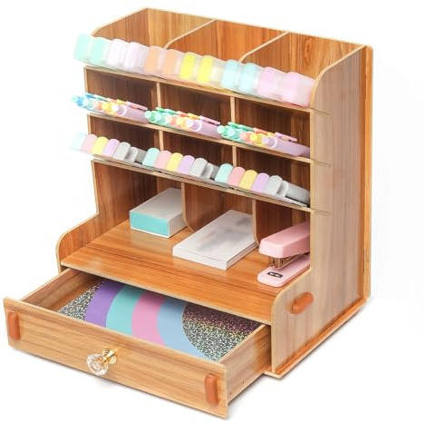 Exerz Organizer da scrivania in legno, multifunzione, con cassetti, 5 ripiani, spazioso per cancelleria, ufficio, penna e pennelli, carta e posta.