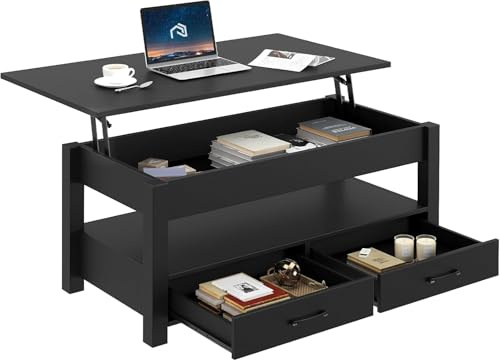Rolanstar Coffee Table, Lift Top Coffee Table with Drawers and Hidden Compartment, Retro Central Table with Wooden Lift Tabletop, for Living Room, Black
