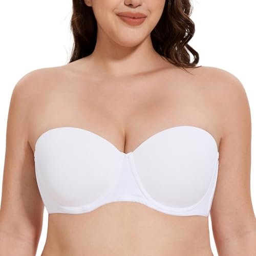 MELENECA Women's Underwire Strapless Bras for Bigger Bust Back Smoothing Plus Size White 34G