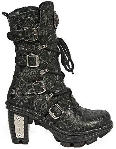 New Rock NEOTR005-S25 Vintage Floral Black Gothic Rock Punk Ladies Leather Fashion Calf Boots 38
