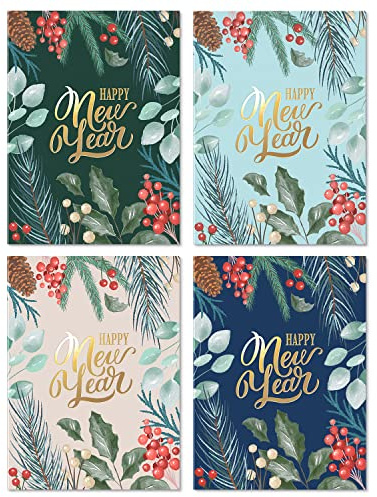 Sweetzer & Orange Happy New Year Cards Set with Envelopes - 24 Pack of Thick 300gsm Holiday Decor Sheets, Greeting Cards, Joyful Holidays & Thank You Messages