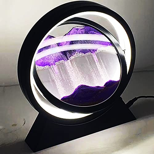 Yevheniy Sandbilder zum Drehen Mit LED Licht, 360° Drehende Sanduhr Tiefsee Sandscape Fließende Sand Lichter, Quicksand Lampe, 3D Moving Sand Kunst Bild Flüssige Bewegung Runde Glas Nachtlicht(Purple)