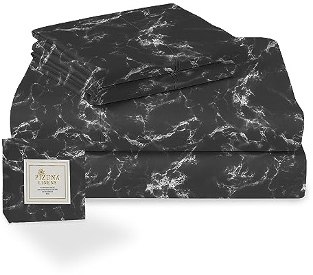 Pizuna Cotton Marble Black Printed King Size Bed Sheet Set 400 Thread Count | 100% Long Staple Cotton Bedding Sateen Sheets Includes 1 Fitted Sheet 2 Pillowcase
