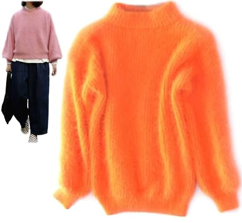 Maglione caldo sciolto in misto cashmere d'angora invernale, tinta unita girocollo lavorato a maglia maglione maglione soffice in peluche, Arancione, Taglia unica